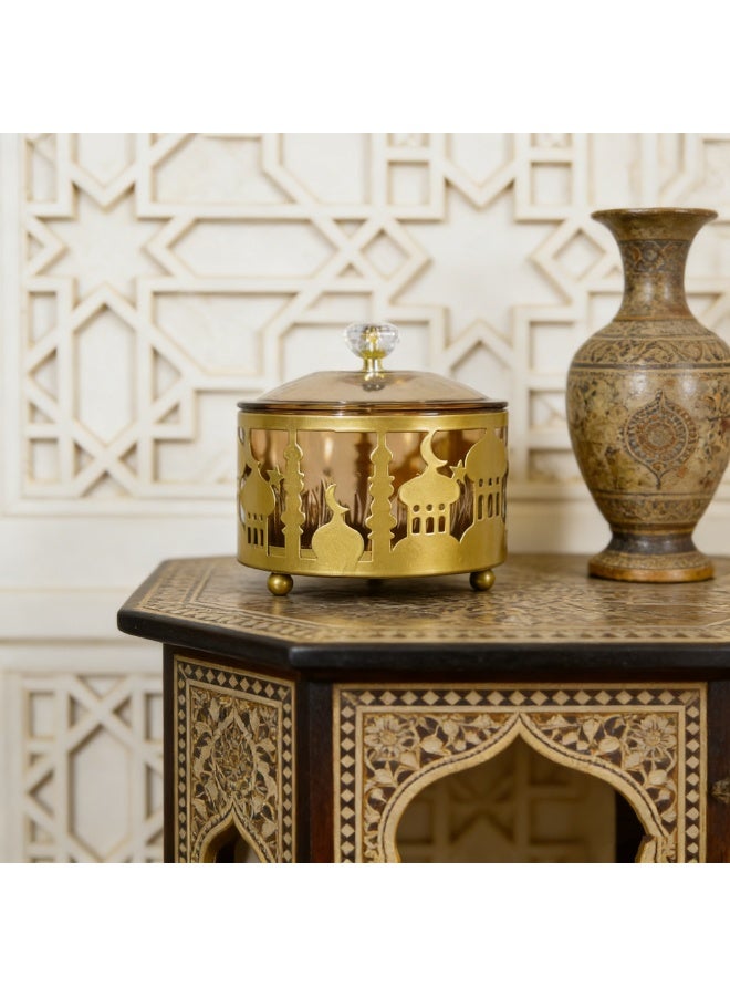 Decorative Gold Metal Candy Jar with Ornate Cutout Design, Glass Lid Storage Container for Sweets, Nuts and Snacks, Elegant Table Centerpiece for Ramadan, Festivals and Home Decor（YB-Candy01L） - Image 2